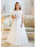 Ivory Lace Tulle Floor Length V Back Boho Flower Girl Dress